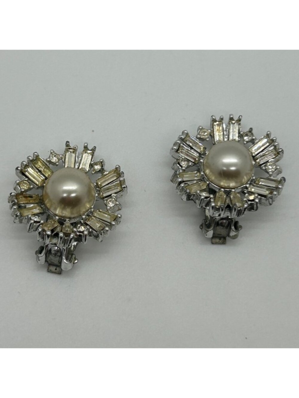 Vintage Faux Pearl Rhinestone Clip-On Earrings Baguette Wedding Prom Statement
